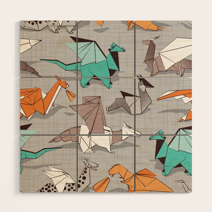 Origami dragon friends // grey linen texture background aqua orange grey and taupe fantastic creatures Wood Wall Art Gallery Image 1
