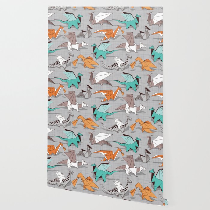 Origami dragon friends // grey linen texture background aqua orange grey and taupe fantastic creatures Wallpaper Gallery Image 2