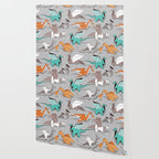 Origami dragon friends // grey linen texture background aqua orange grey and taupe fantastic creatures Wallpaper Gallery Image 2