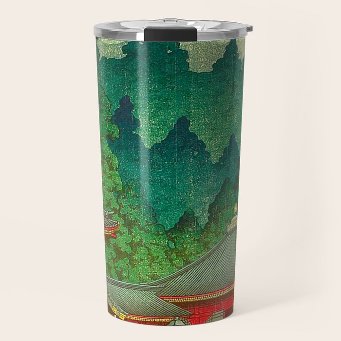 Vintage Japanese Woodblock Print Rainy Day At The Shinto Shrine Tall Pine trees Yellow Rain Coat Travel Mug Gallery Image 1