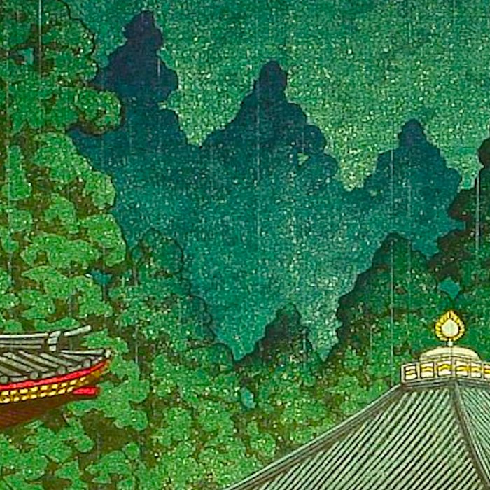 Vintage Japanese Woodblock Print Rainy Day At The Shinto Shrine Tall Pine trees Yellow Rain Coat Coffee Mug Gallery Image 2