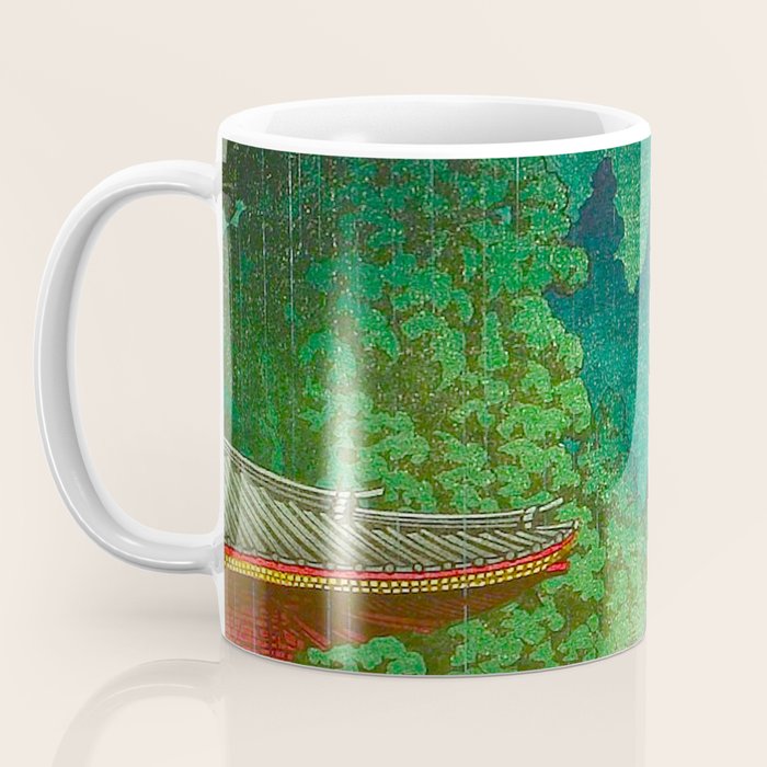 Vintage Japanese Woodblock Print Rainy Day At The Shinto Shrine Tall Pine trees Yellow Rain Coat Coffee Mug Gallery Image 3