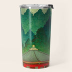 Vintage Japanese Woodblock Print Rainy Day At The Shinto Shrine Tall Pine trees Yellow Rain Coat Travel Mug Gallery Image 2