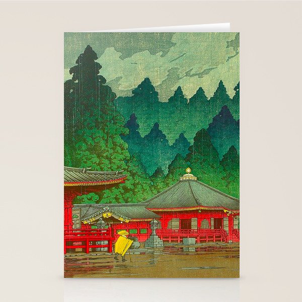 Vintage Japanese Woodblock Print Rainy Day At The Shinto Shrine Tall Pine trees Yellow Rain Coat Stationery Card Gallery Image 2