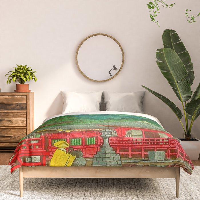 Vintage Japanese Woodblock Print Rainy Day At The Shinto Shrine Tall Pine trees Yellow Rain Coat Comforter Gallery Image 3