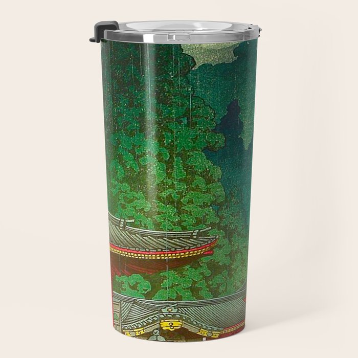 Vintage Japanese Woodblock Print Rainy Day At The Shinto Shrine Tall Pine trees Yellow Rain Coat Travel Mug Gallery Image 3