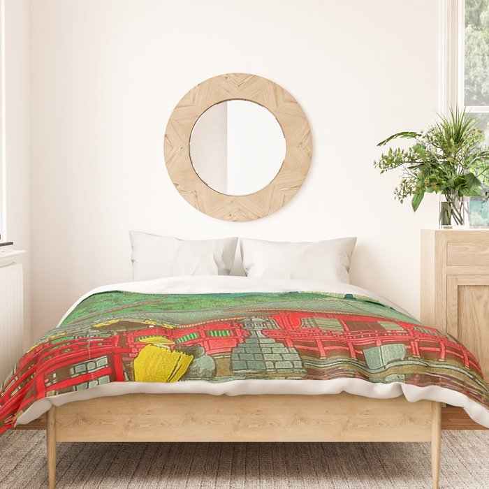 Vintage Japanese Woodblock Print Rainy Day At The Shinto Shrine Tall Pine trees Yellow Rain Coat Duvet Cover Gallery Image 3