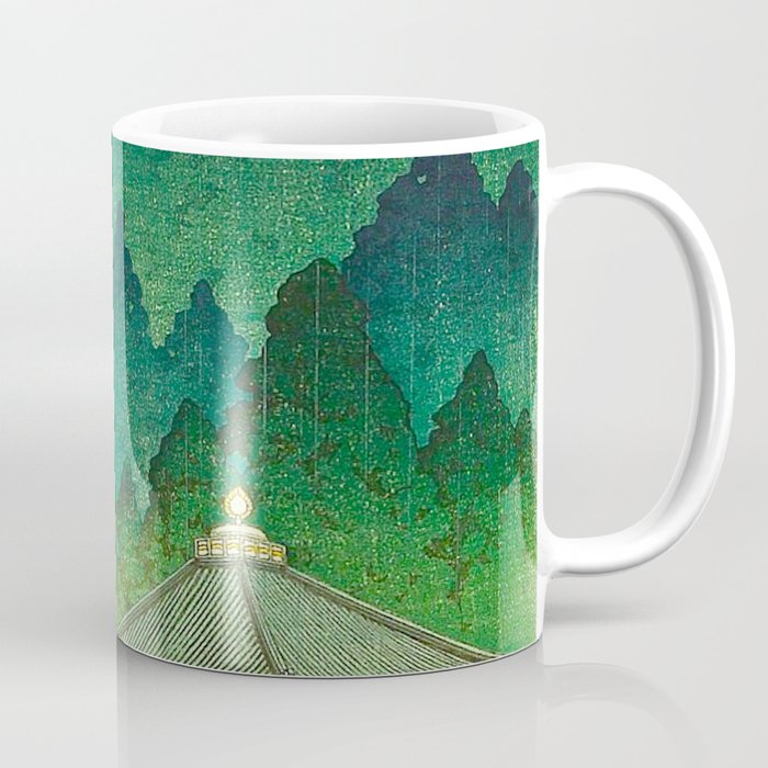 Vintage Japanese Woodblock Print Rainy Day At The Shinto Shrine Tall Pine trees Yellow Rain Coat Coffee Mug Gallery Image 1