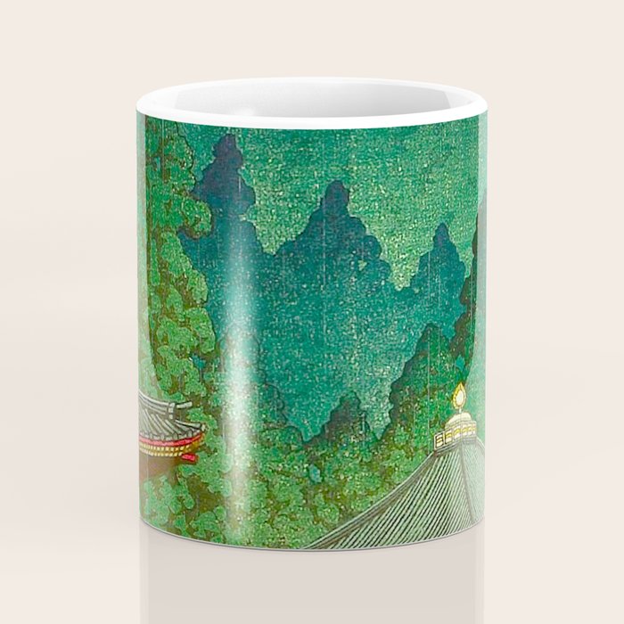 Vintage Japanese Woodblock Print Rainy Day At The Shinto Shrine Tall Pine trees Yellow Rain Coat Coffee Mug Gallery Image 4