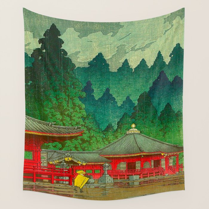Vintage Japanese Woodblock Print Rainy Day At The Shinto Shrine Tall Pine trees Yellow Rain Coat Wall Tapestry Gallery Image 1