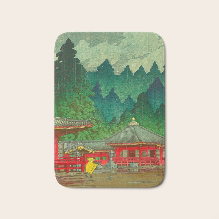 Vintage Japanese Woodblock Print Rainy Day At The Shinto Shrine Tall Pine trees Yellow Rain Coat Bath Mat Gallery Image 1