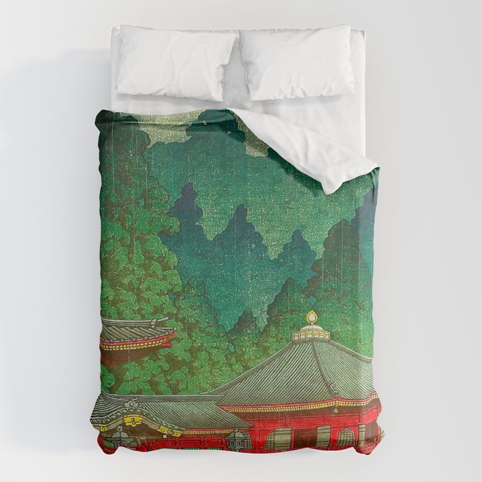 Vintage Japanese Woodblock Print Rainy Day At The Shinto Shrine Tall Pine trees Yellow Rain Coat Duvet Cover Gallery Image 1