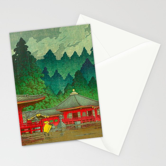 Vintage Japanese Woodblock Print Rainy Day At The Shinto Shrine Tall Pine trees Yellow Rain Coat Stationery Card Gallery Image 2