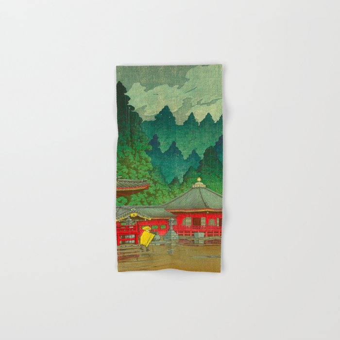 Vintage Japanese Woodblock Print Rainy Day At The Shinto Shrine Tall Pine trees Yellow Rain Coat Bath Towel Gallery Image 1