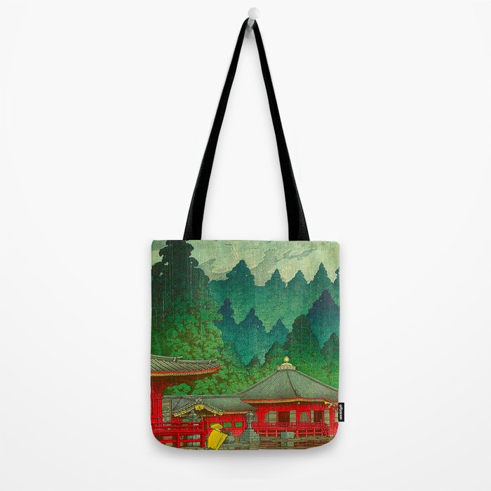 Vintage Japanese Woodblock Print Rainy Day At The Shinto Shrine Tall Pine trees Yellow Rain Coat Tote Bag Gallery Image 2