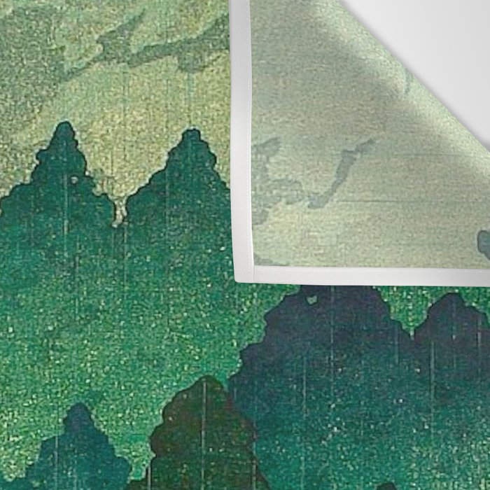 Vintage Japanese Woodblock Print Rainy Day At The Shinto Shrine Tall Pine trees Yellow Rain Coat Wall Tapestry Gallery Image 3