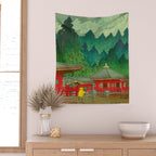 Vintage Japanese Woodblock Print Rainy Day At The Shinto Shrine Tall Pine trees Yellow Rain Coat Wall Tapestry Gallery Image 2