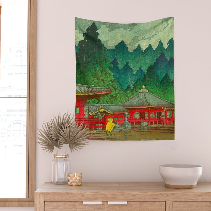 Vintage Japanese Woodblock Print Rainy Day At The Shinto Shrine Tall Pine trees Yellow Rain Coat Wall Tapestry Gallery Image 2