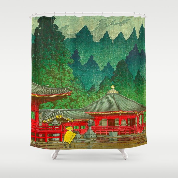 Vintage Japanese Woodblock Print Rainy Day At The Shinto Shrine Tall Pine trees Yellow Rain Coat Shower Curtain Gallery Image 1
