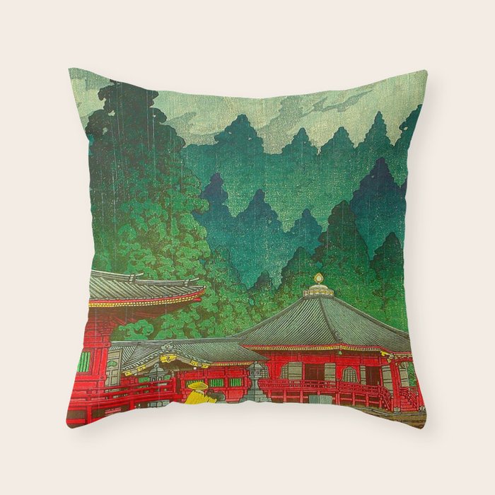 Vintage Japanese Woodblock Print Rainy Day At The Shinto Shrine Tall Pine trees Yellow Rain Coat Throw Pillow Gallery Image 1