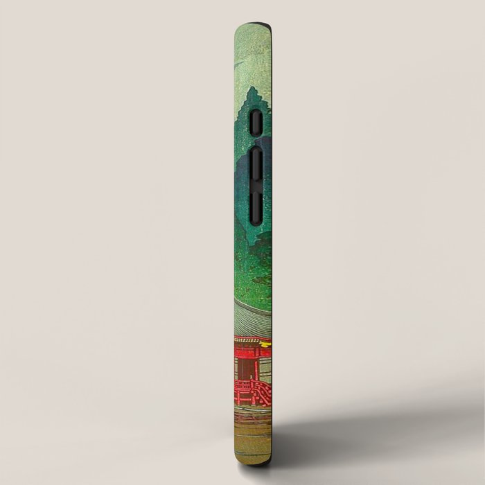 Vintage Japanese Woodblock Print Rainy Day At The Shinto Shrine Tall Pine trees Yellow Rain Coat iPhone Case Gallery Image 2