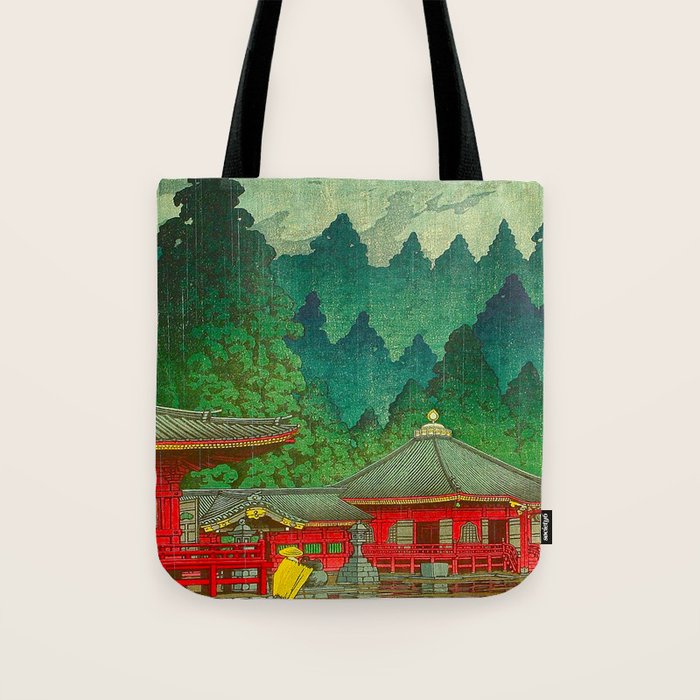 Vintage Japanese Woodblock Print Rainy Day At The Shinto Shrine Tall Pine trees Yellow Rain Coat Tote Bag Gallery Image 1