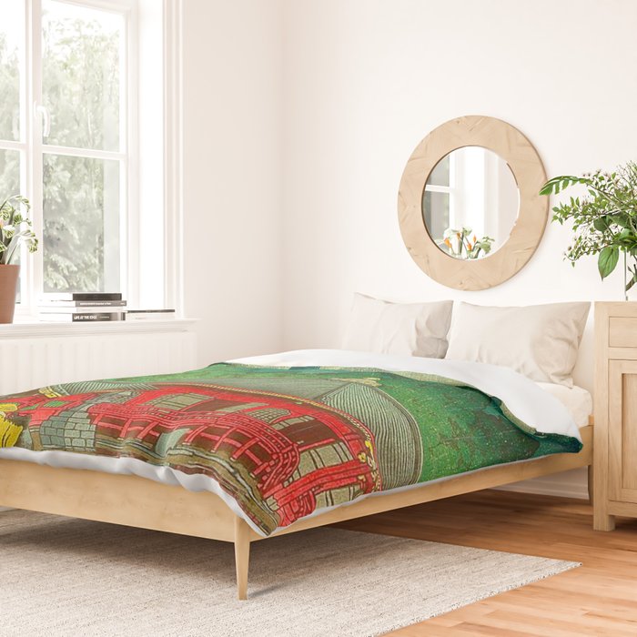 Vintage Japanese Woodblock Print Rainy Day At The Shinto Shrine Tall Pine trees Yellow Rain Coat Duvet Cover Gallery Image 2