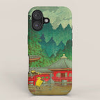 Vintage Japanese Woodblock Print Rainy Day At The Shinto Shrine Tall Pine trees Yellow Rain Coat iPhone Case Gallery Image 1