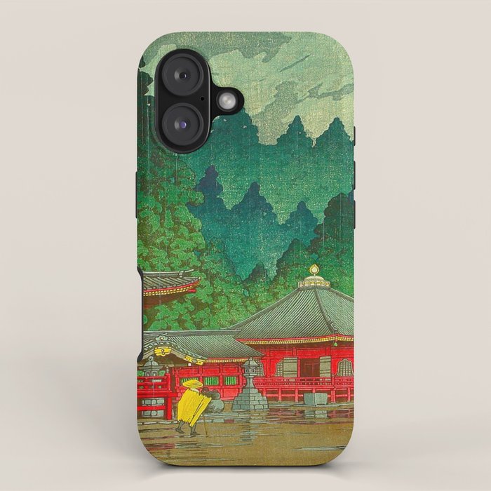 Vintage Japanese Woodblock Print Rainy Day At The Shinto Shrine Tall Pine trees Yellow Rain Coat iPhone Case Gallery Image 1