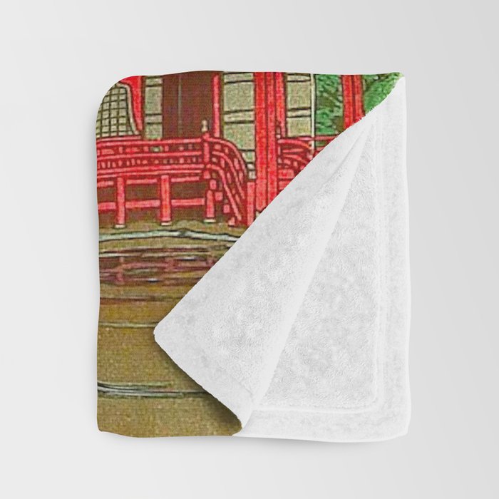 Vintage Japanese Woodblock Print Rainy Day At The Shinto Shrine Tall Pine trees Yellow Rain Coat Throw Blanket Gallery Image 3