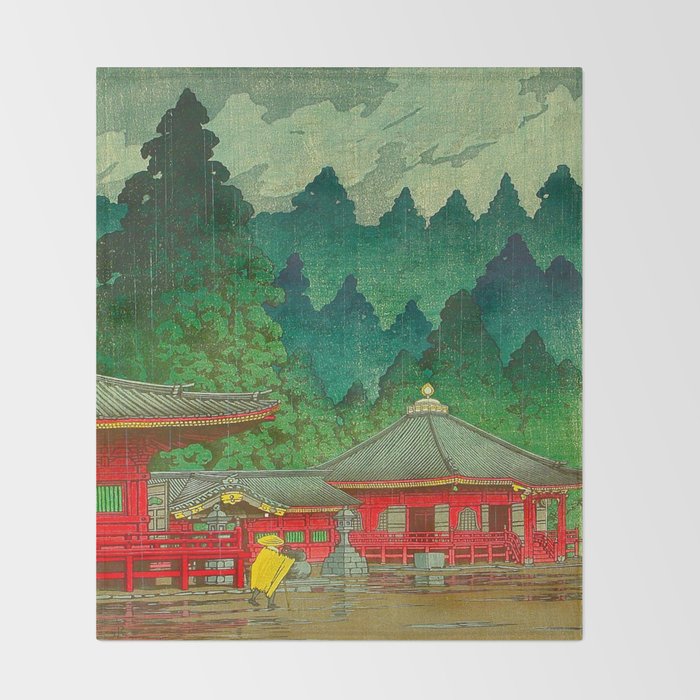 Vintage Japanese Woodblock Print Rainy Day At The Shinto Shrine Tall Pine trees Yellow Rain Coat Throw Blanket Gallery Image 2