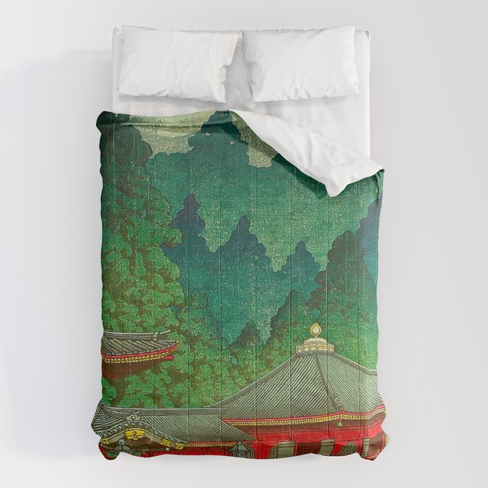 Vintage Japanese Woodblock Print Rainy Day At The Shinto Shrine Tall Pine trees Yellow Rain Coat Comforter Gallery Image 1