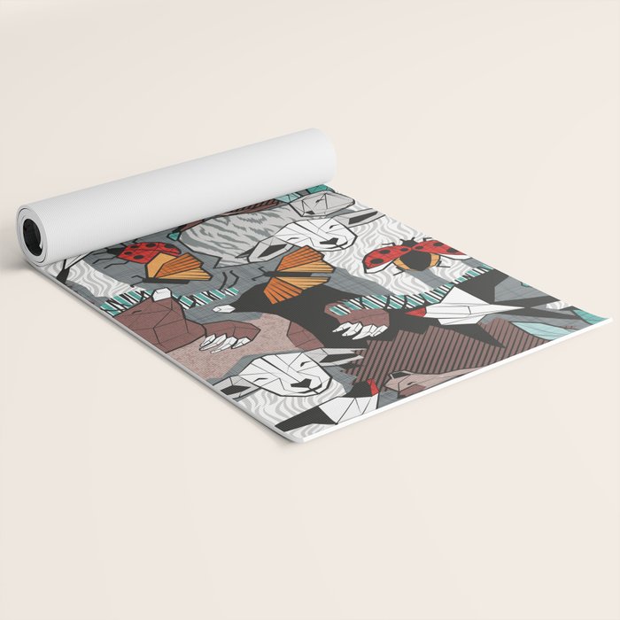 Geo spring animal party // green grey linen texture background brown aqua mint orange and neon red details Yoga Mat Gallery Image 2