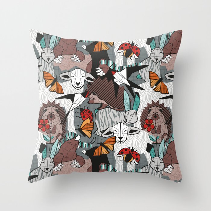 Geo spring animal party // green grey linen texture background brown aqua mint orange and neon red details Throw Pillow Gallery Image 1