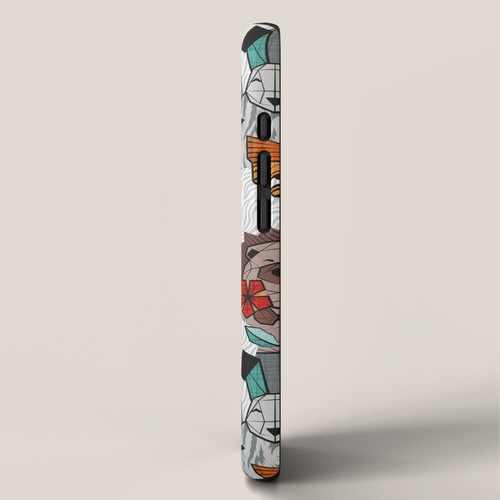 Geo spring animal party // green grey linen texture background brown aqua mint orange and neon red details iPhone Case Gallery Image 2