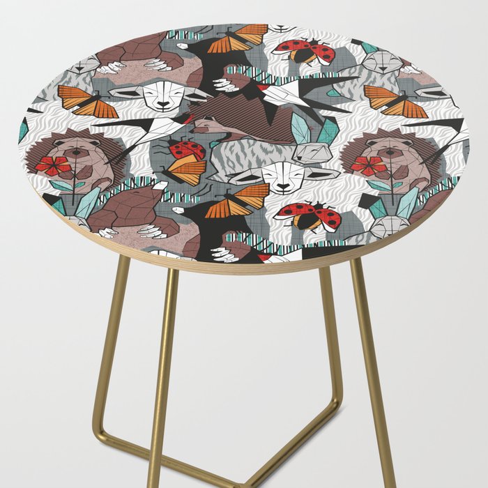Geo spring animal party // green grey linen texture background brown aqua mint orange and neon red details Side Table Gallery Image 2