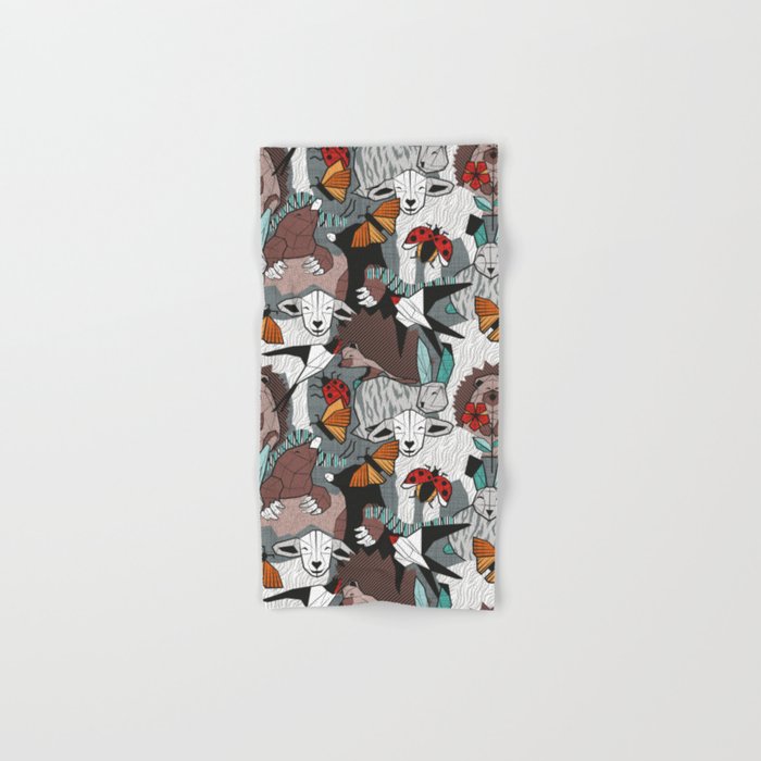 Geo spring animal party // green grey linen texture background brown aqua mint orange and neon red details Bath Towel Gallery Image 1