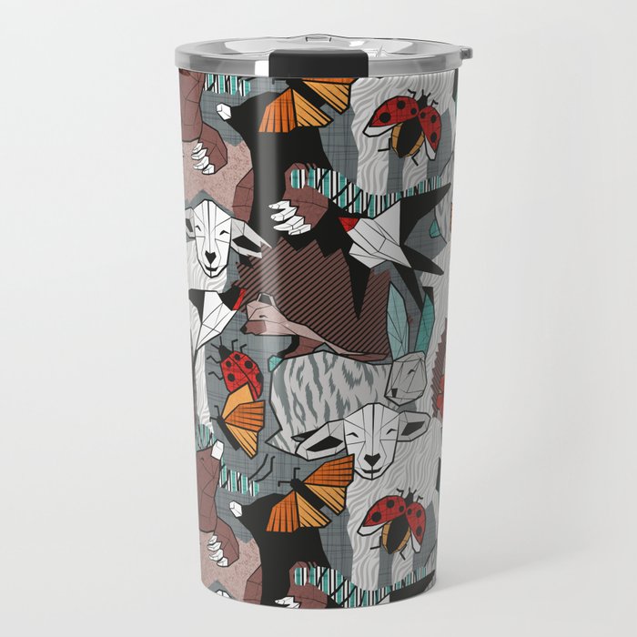 Geo spring animal party // green grey linen texture background brown aqua mint orange and neon red details Travel Mug Gallery Image 1