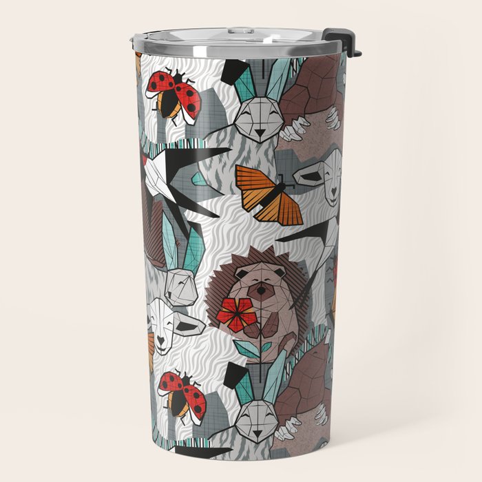 Geo spring animal party // green grey linen texture background brown aqua mint orange and neon red details Travel Mug Gallery Image 2
