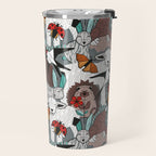 Geo spring animal party // green grey linen texture background brown aqua mint orange and neon red details Travel Mug Gallery Image 2