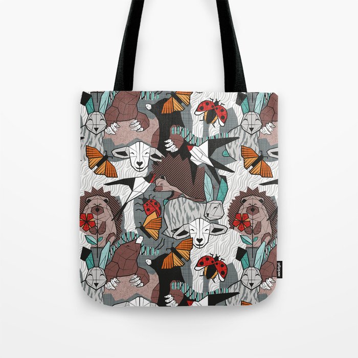 Geo spring animal party // green grey linen texture background brown aqua mint orange and neon red details Tote Bag Gallery Image 1