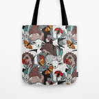 Geo spring animal party // green grey linen texture background brown aqua mint orange and neon red details Tote Bag Gallery Image 1