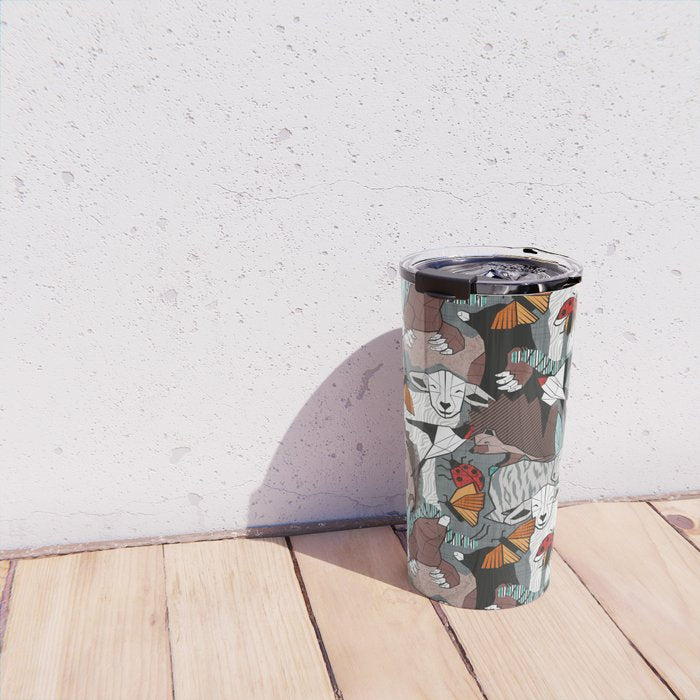 Geo spring animal party // green grey linen texture background brown aqua mint orange and neon red details Travel Mug Gallery Image 4