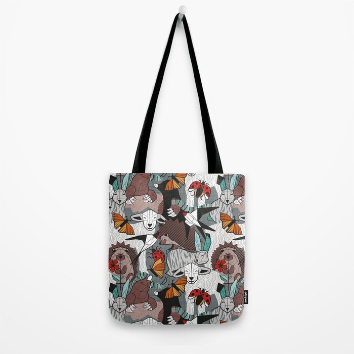 Geo spring animal party // green grey linen texture background brown aqua mint orange and neon red details Tote Bag Gallery Image 2