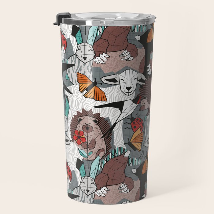 Geo spring animal party // green grey linen texture background brown aqua mint orange and neon red details Travel Mug Gallery Image 3