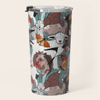 Geo spring animal party // green grey linen texture background brown aqua mint orange and neon red details Travel Mug Gallery Image 3
