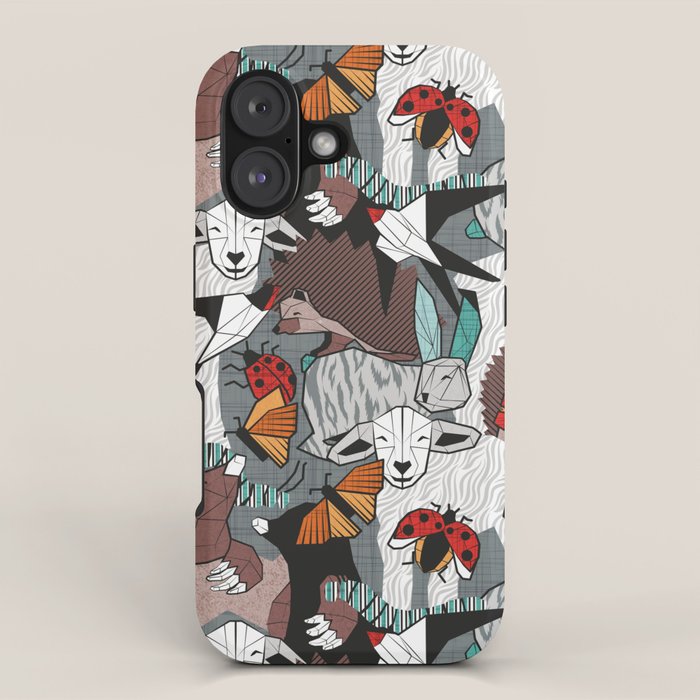Geo spring animal party // green grey linen texture background brown aqua mint orange and neon red details iPhone Case Gallery Image 1