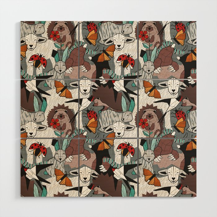 Geo spring animal party // green grey linen texture background brown aqua mint orange and neon red details Wood Wall Art Gallery Image 1