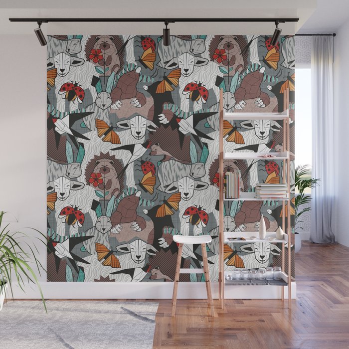 Geo spring animal party // green grey linen texture background brown aqua mint orange and neon red details Wall Mural Gallery Image 1