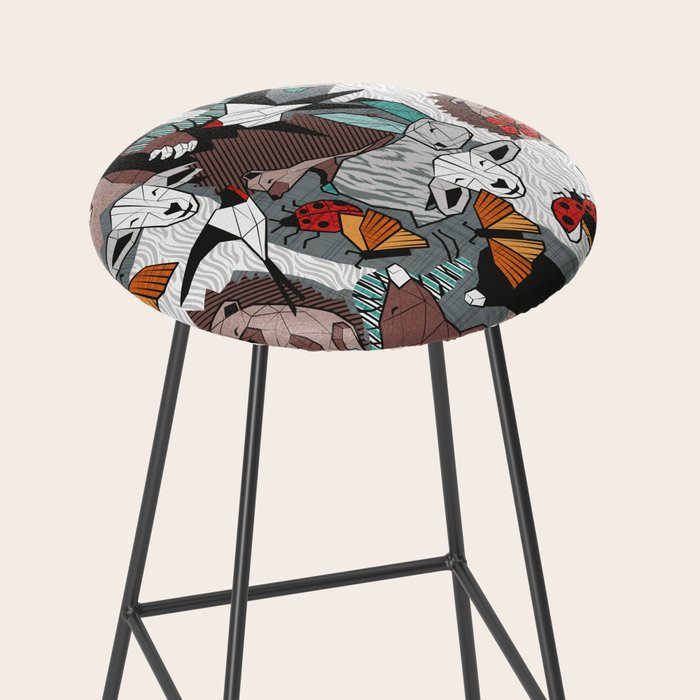Geo spring animal party // green grey linen texture background brown aqua mint orange and neon red details Stool Gallery Image 2